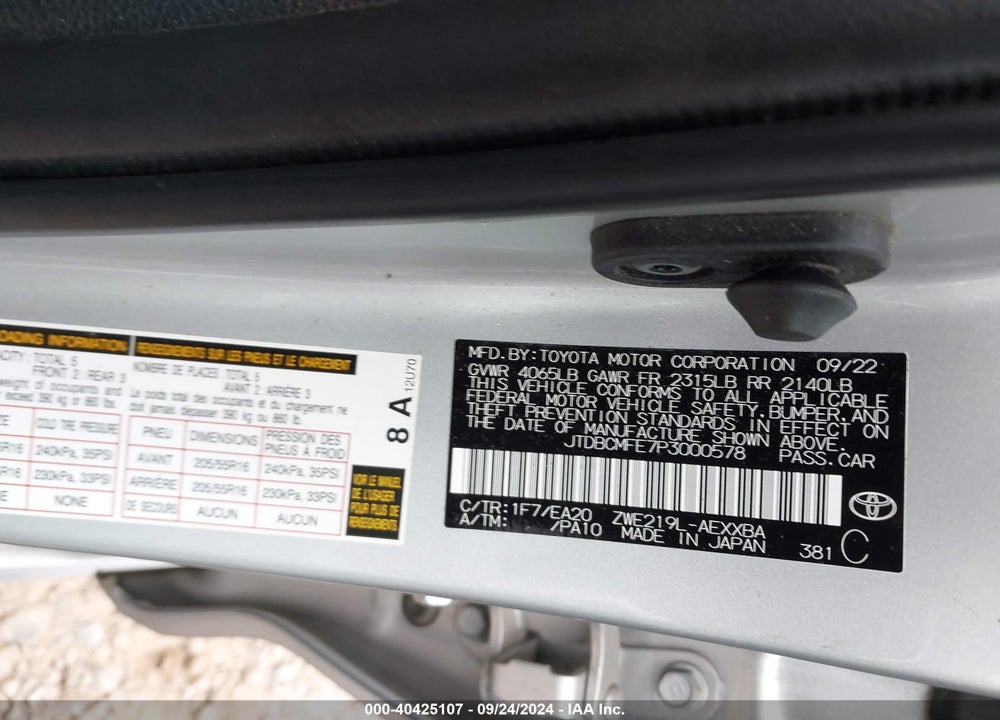 2023 TOYOTA COROLLA HYBRID XLE VIN: JTDBCMFE7P3000578