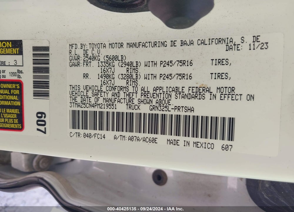 2023 TOYOTA TACOMA SR5 V6 VIN: 3TMAZ5CN4PM219551