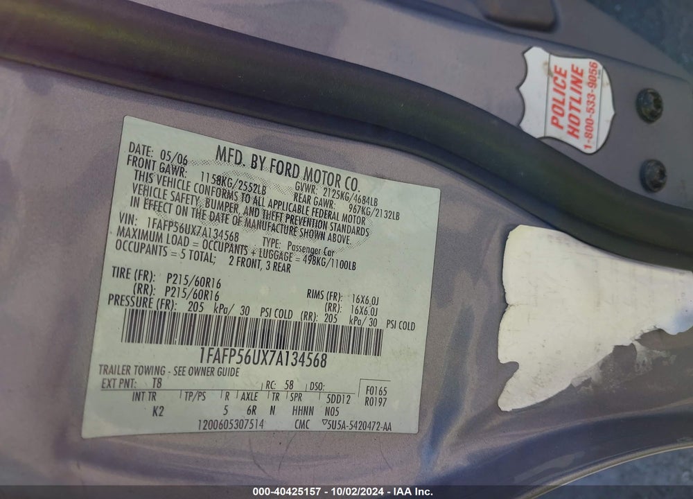 2007 FORD TAURUS SEL VIN: 1FAFP56UX7A134568