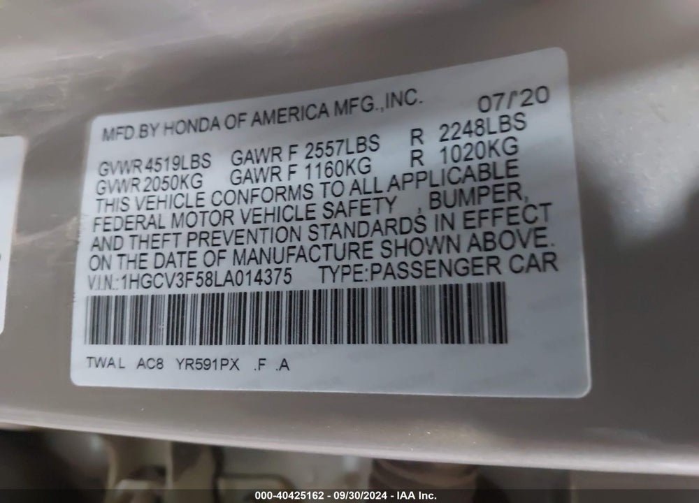 2020 HONDA ACCORD HYBRID EX-L VIN: 1HGCV3F58LA014375