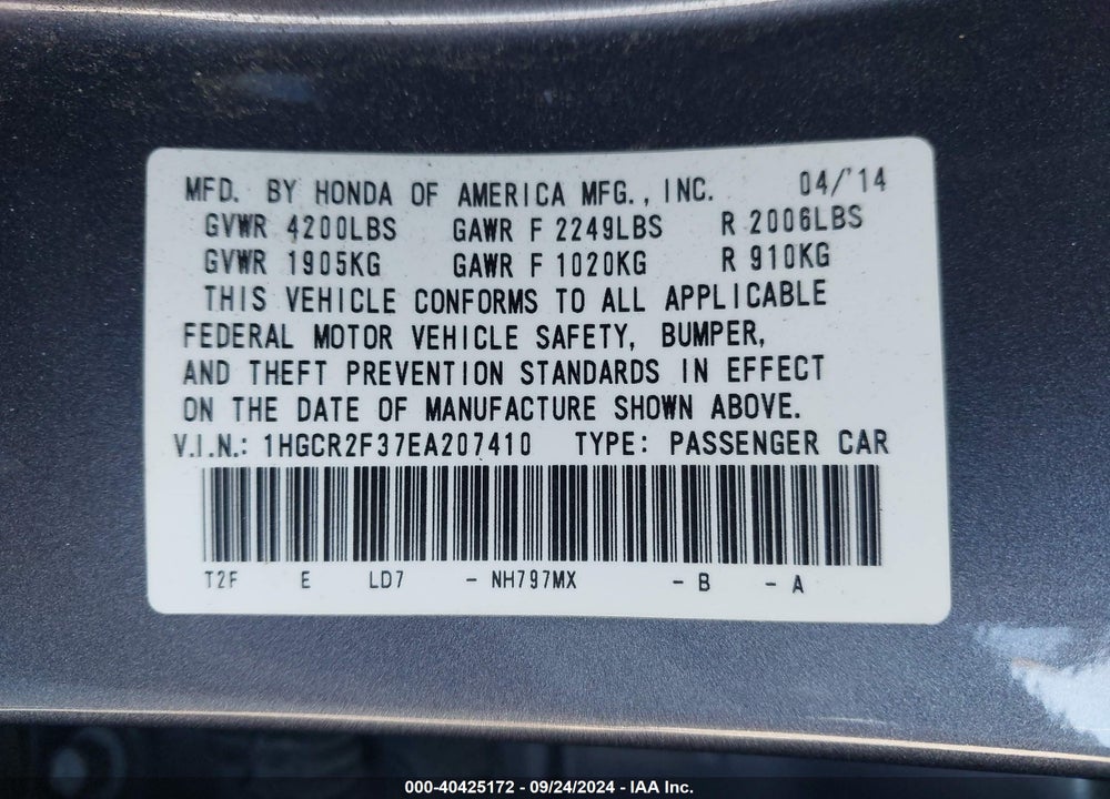 2014 HONDA ACCORD LX VIN: 1HGCR2F37EA207410