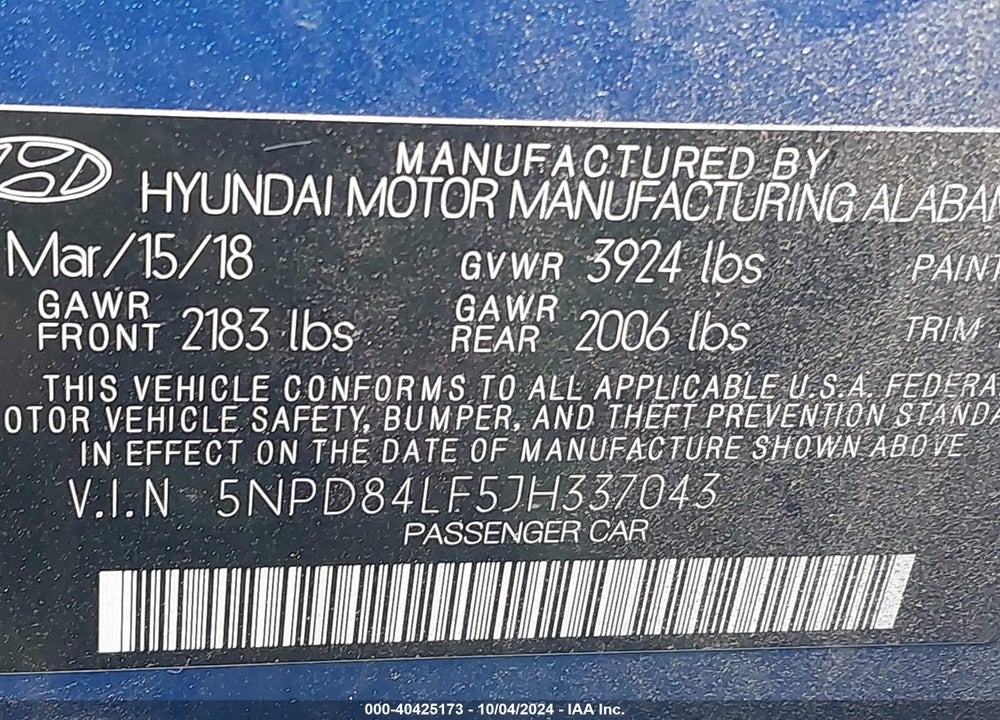2018 HYUNDAI ELANTRA SEL VIN: 5NPD84LF5JH337043