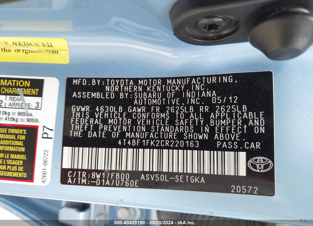 2012 TOYOTA CAMRY XLE VIN: 4T4BF1FK2CR220163