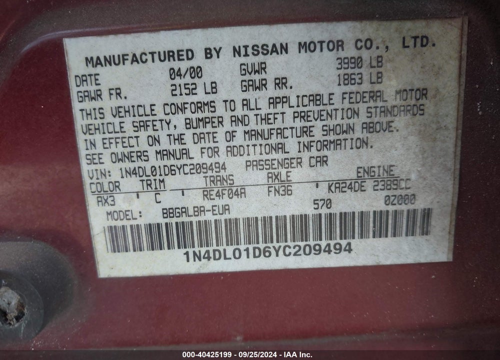 2000 NISSAN ALTIMA GLE/GXE/SE/XE VIN: 1N4DL01D6YC209494