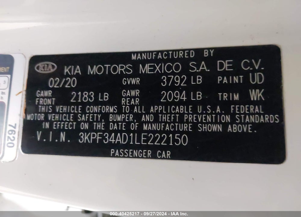 2020 KIA FORTE GT LINE VIN: 3KPF34AD1LE222150