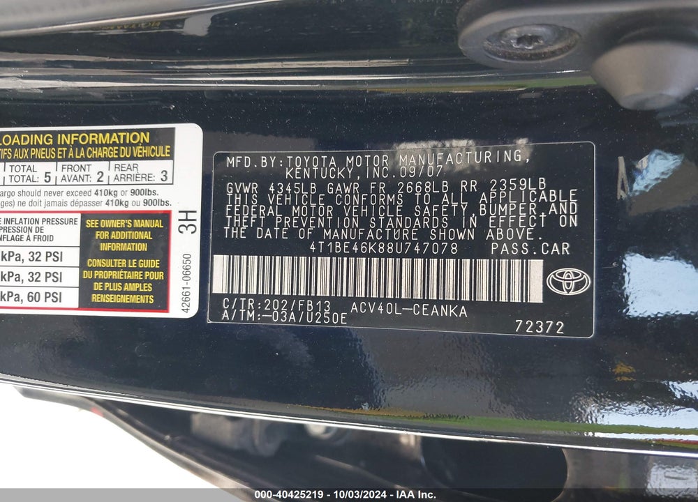 2008 TOYOTA CAMRY LE VIN: 4T1BE46K88U747078