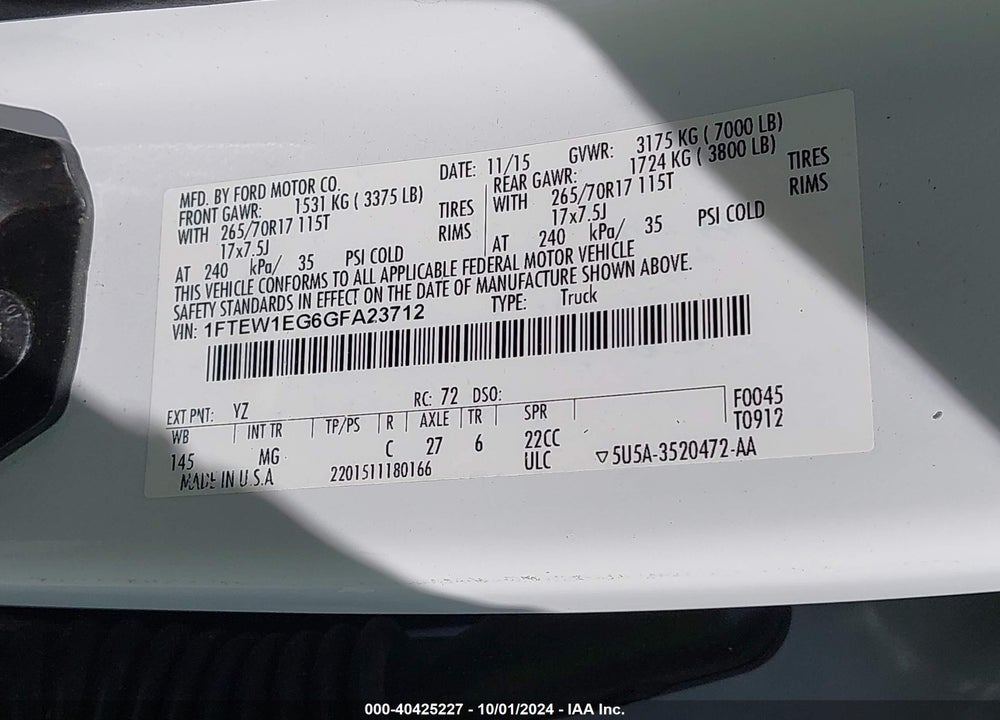 2016 FORD F-150 VIN: 1FTEW1EG6GFA23712