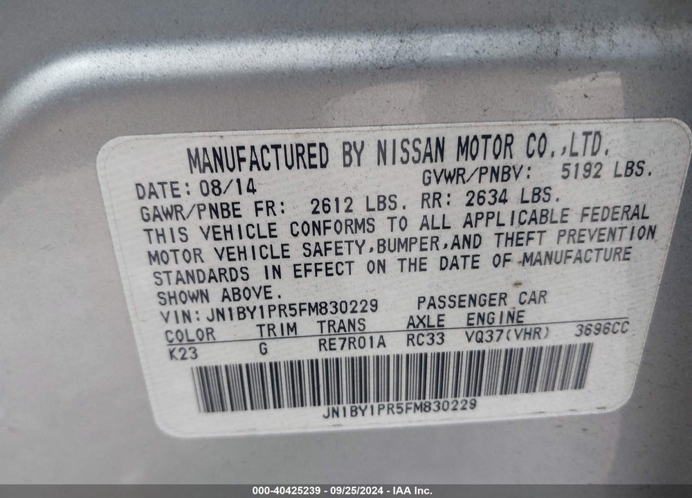 2015 INFINITI Q70L 3.7X VIN: JN1BY1PR5FM830229