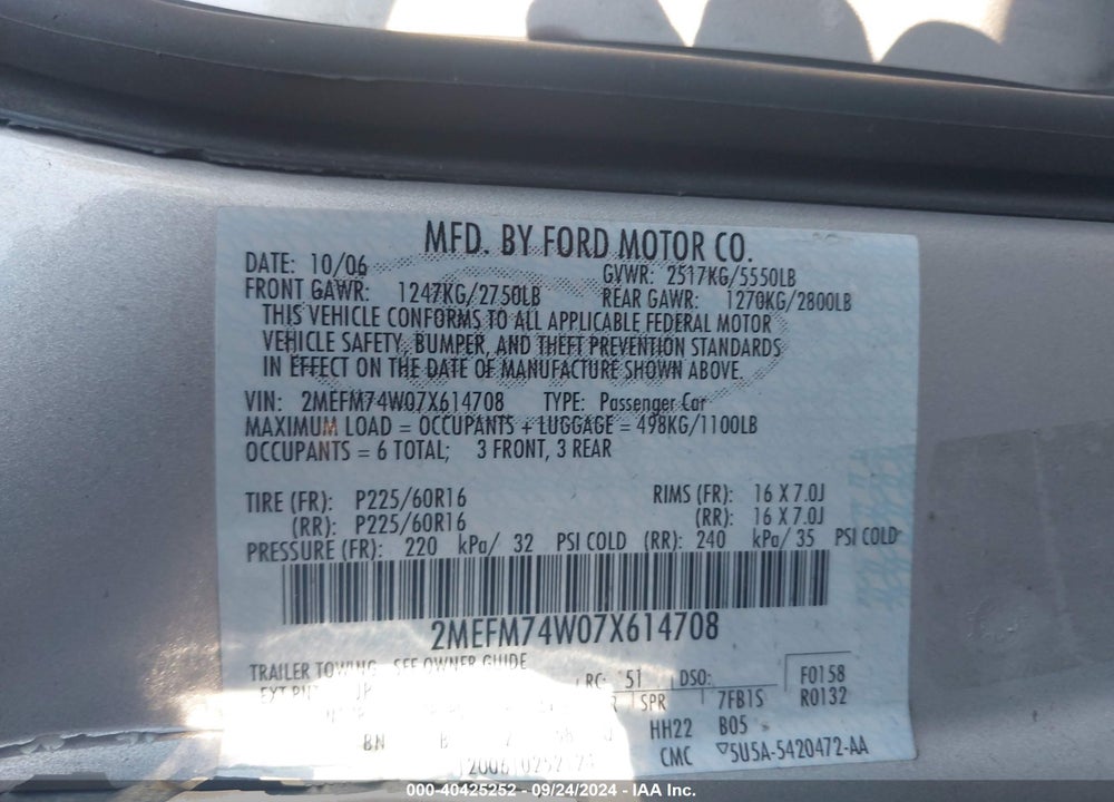 2007 MERCURY GRAND MARQUIS GS VIN: 2MEFM74W07X614708