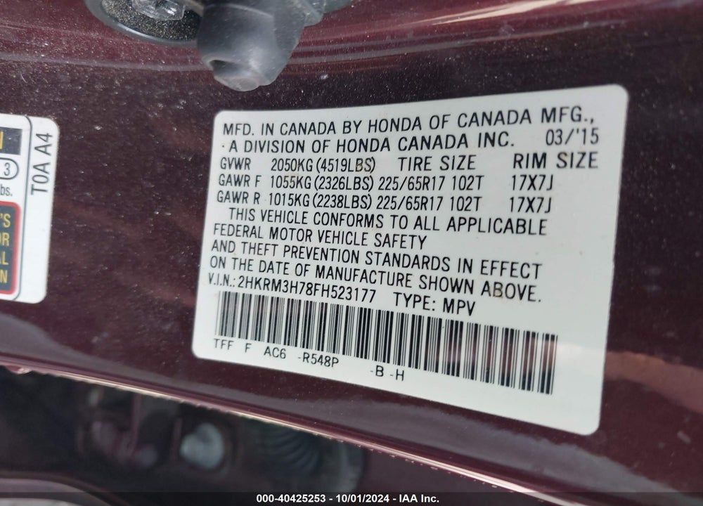2015 HONDA CR-V EX-L VIN: 2HKRM3H78FH523177