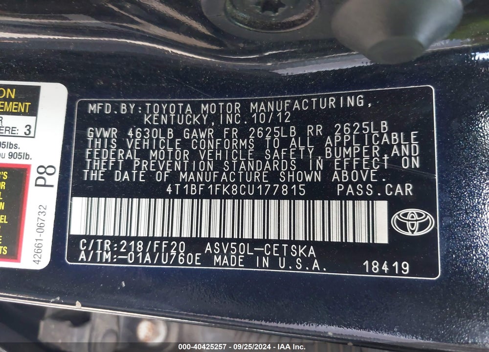 2012 TOYOTA CAMRY VIN: 4T1BF1FK8CU177815