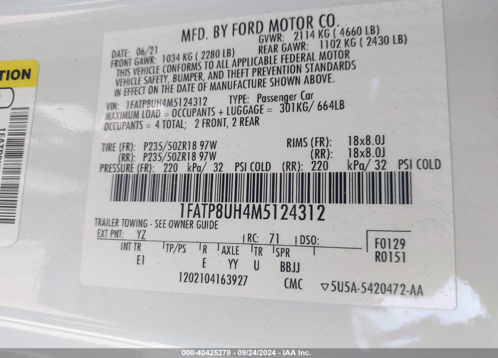 2021 FORD MUSTANG ECOBOOST PREMIUM VIN: 1FATP8UH4M5124312