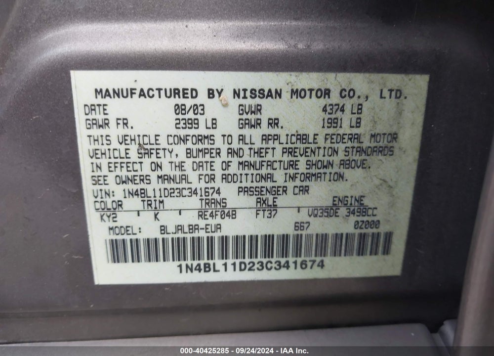 2003 NISSAN ALTIMA 3.5 SE VIN: 1N4BL11D23C341674