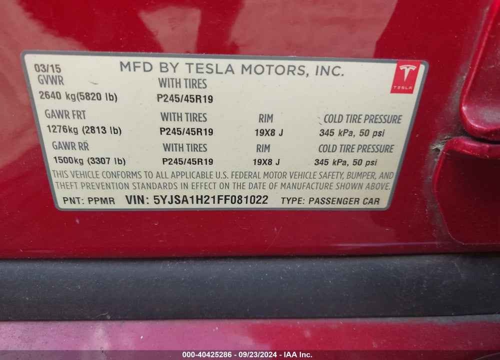 2015 TESLA MODEL S 70D/85D/P85D VIN: 5YJSA1H21FF081022