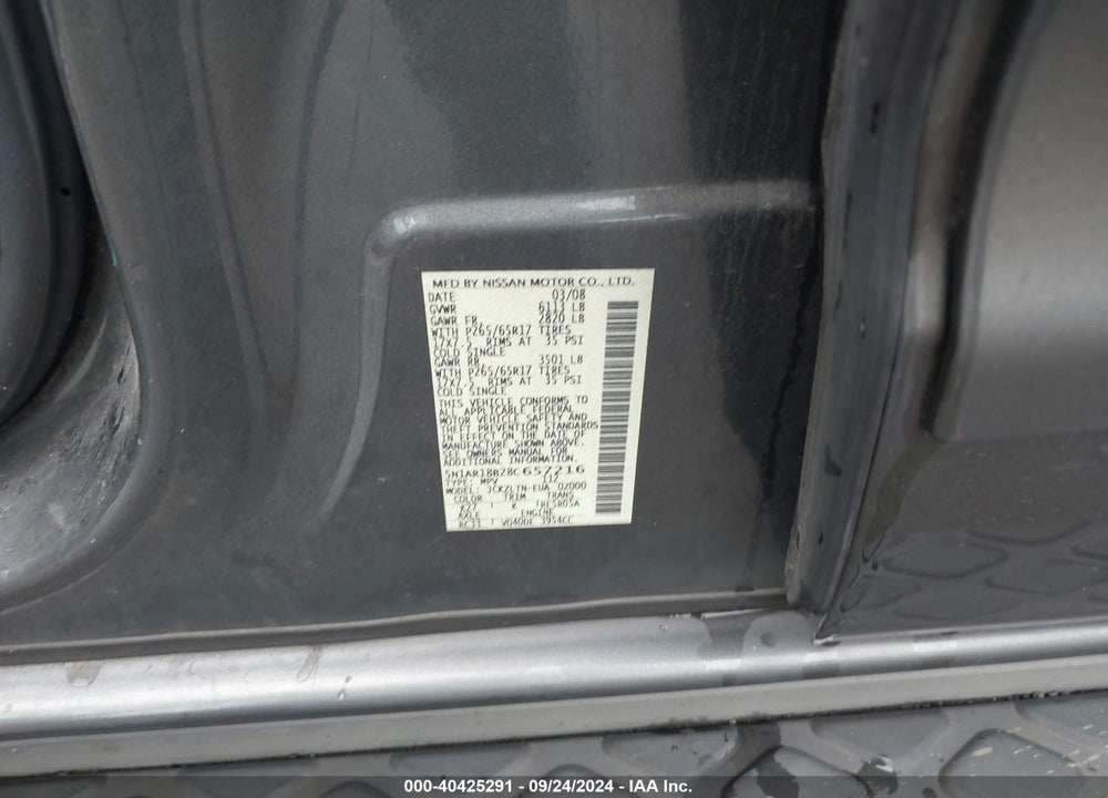 2008 NISSAN PATHFINDER LE/S/SE/SE OFF-ROAD VIN: 5N1AR18B28C657216
