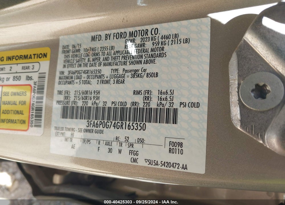 2016 FORD FUSION S VIN: 3FA6P0G74GR165350