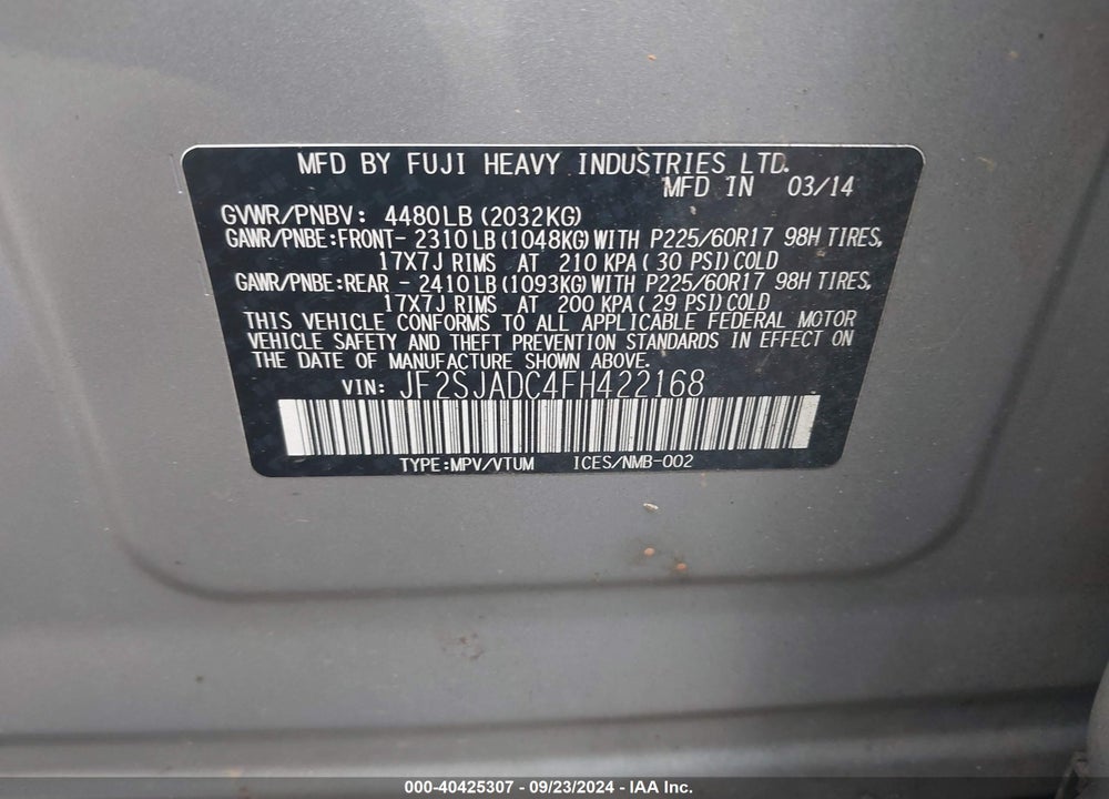 2015 SUBARU FORESTER 2.5I PREMIUM VIN: JF2SJADC4FH422168