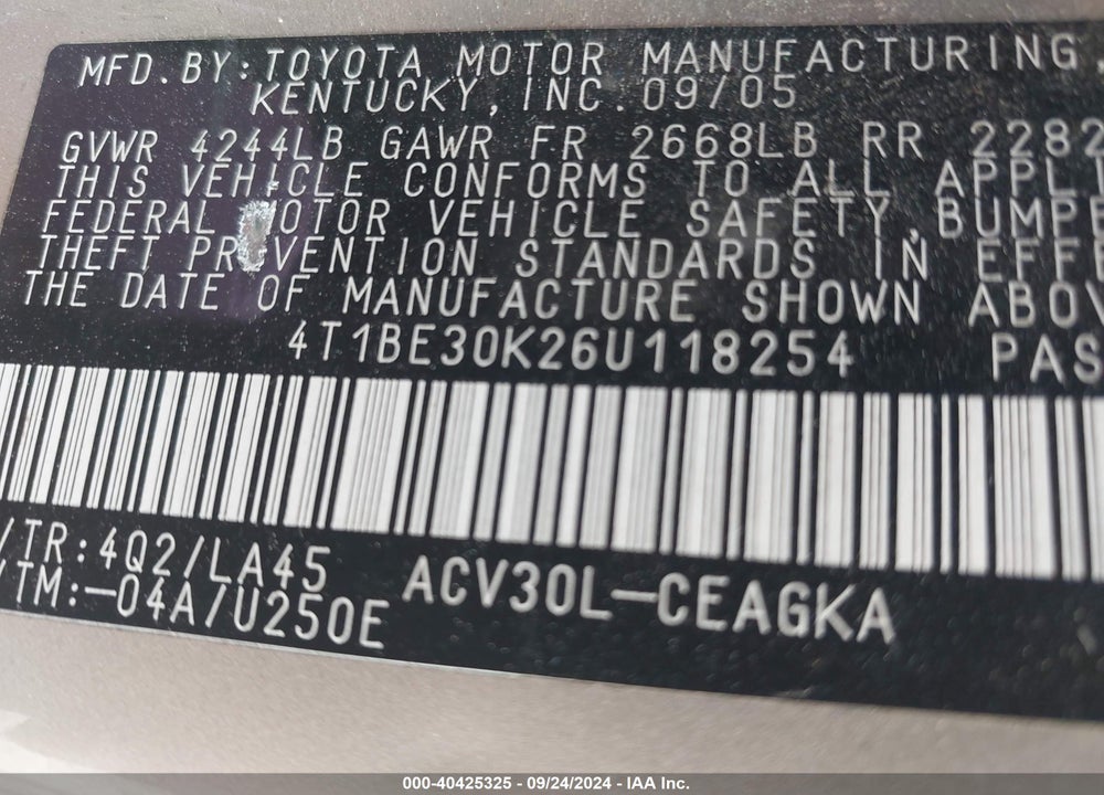 2006 TOYOTA CAMRY XLE VIN: 4T1BE30K26U118254