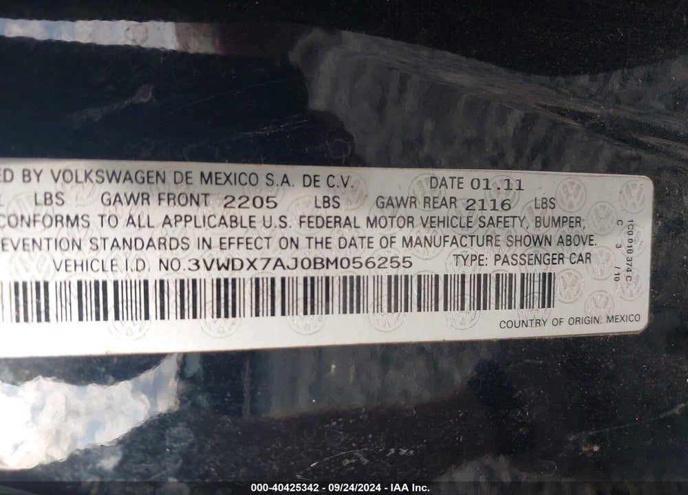 2011 VOLKSWAGEN JETTA 2.5L SE VIN: 3VWDX7AJ0BM056255