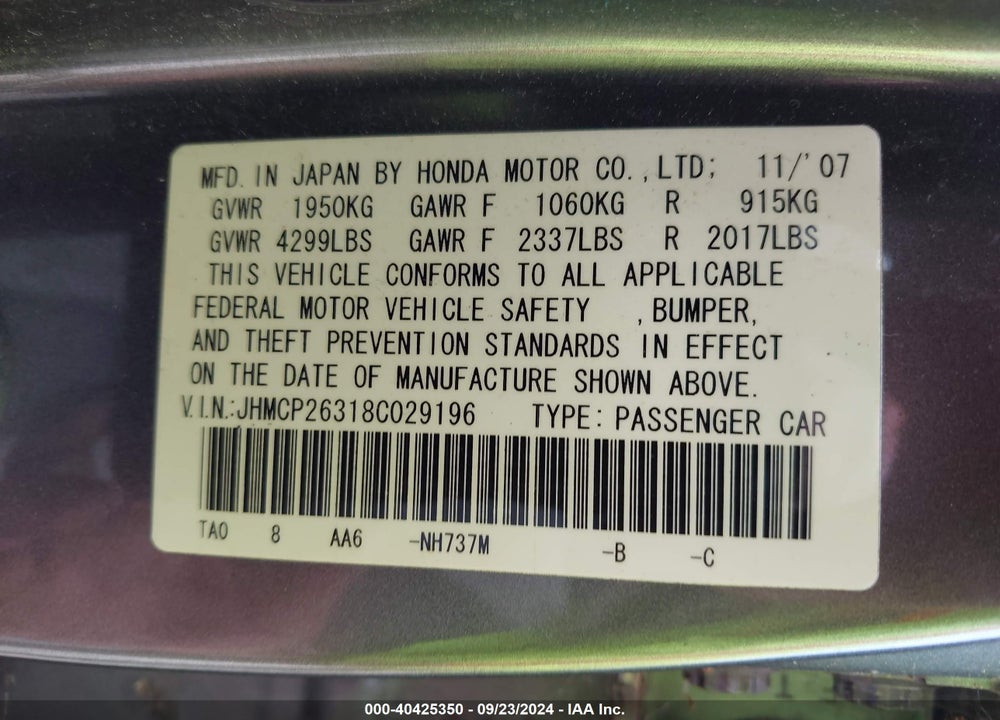 2008 HONDA ACCORD 2.4 LX VIN: JHMCP26318C029196
