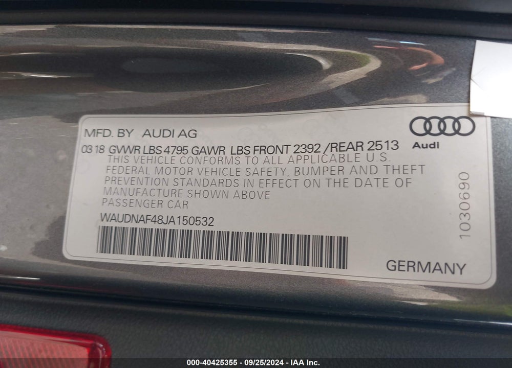 2018 AUDI A4 2.0T PREMIUM/2.0T TECH PREMIUM VIN: WAUDNAF48JA150532