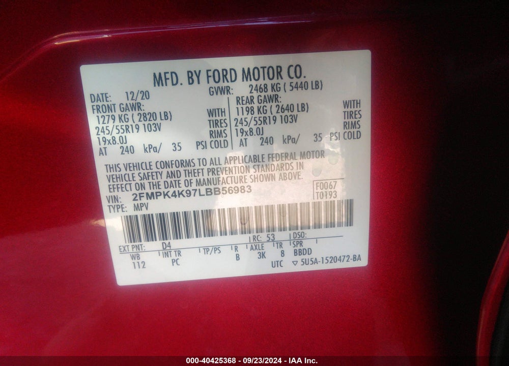 2020 FORD EDGE TITANIUM VIN: 2FMPK4K97LBB56983