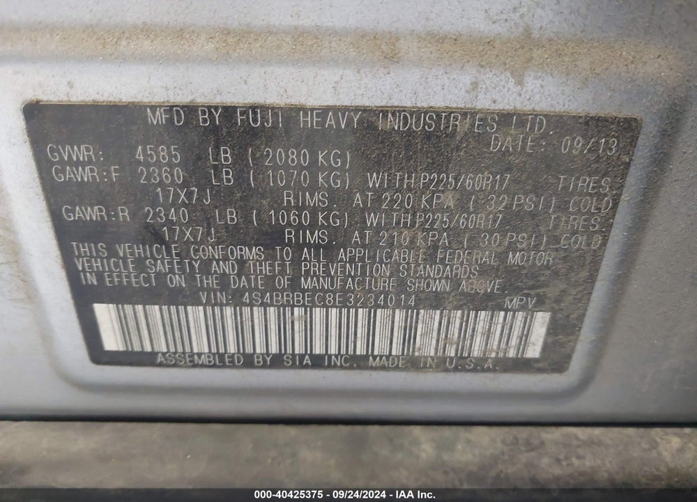2014 SUBARU OUTBACK 2.5I PREMIUM VIN: 4S4BRBEC8E3234014