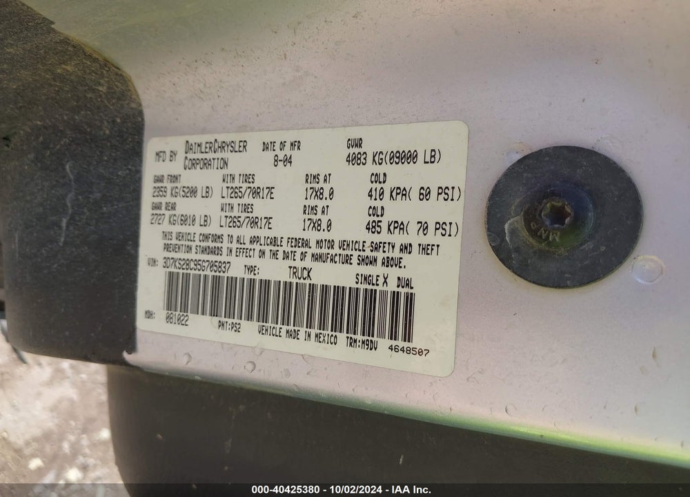 2005 DODGE RAM 2500 SLT/LARAMIE VIN: 3D7KS28C95G705837