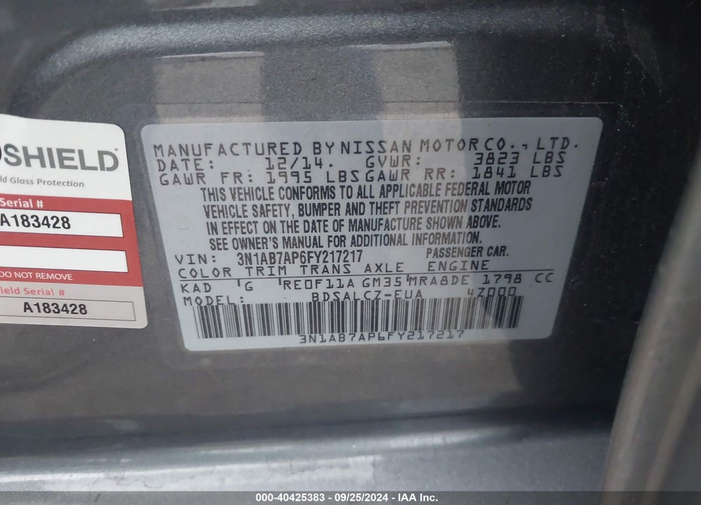 2015 NISSAN SENTRA S VIN: 3N1AB7AP6FY217217