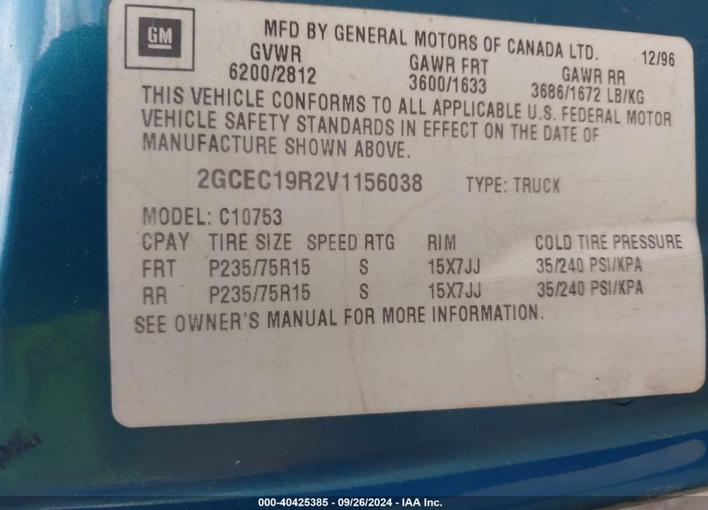 1997 CHEVROLET C1500 FLEETSIDE VIN: 2GCEC19R2V1156038