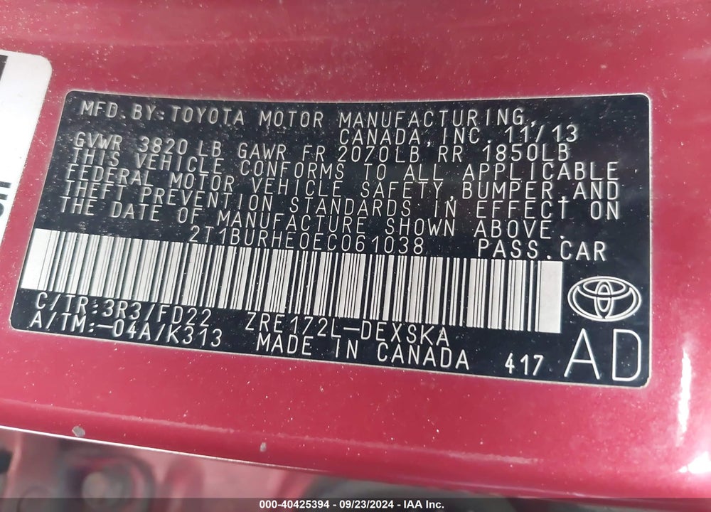 2014 TOYOTA COROLLA S PLUS VIN: 2T1BURHE0EC061038