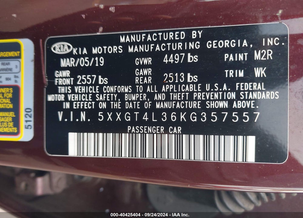 2019 KIA OPTIMA LX VIN: 5XXGT4L36KG357557