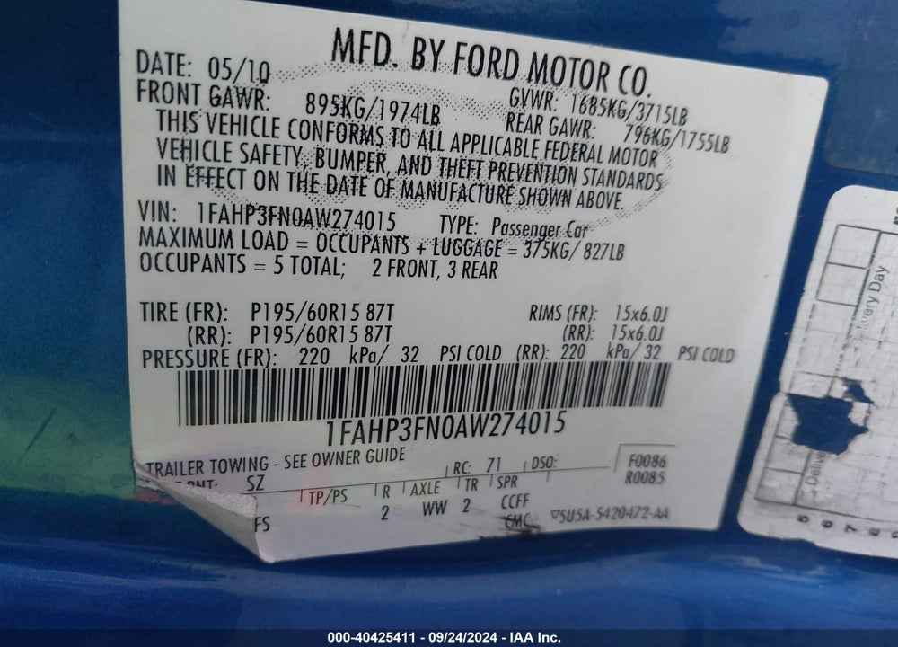 2010 FORD FOCUS SE VIN: 1FAHP3FN0AW274015
