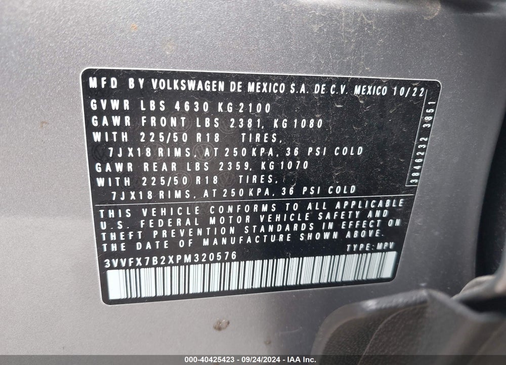 2023 VOLKSWAGEN TAOS 1.5T S VIN: 3VVFX7B2XPM320576