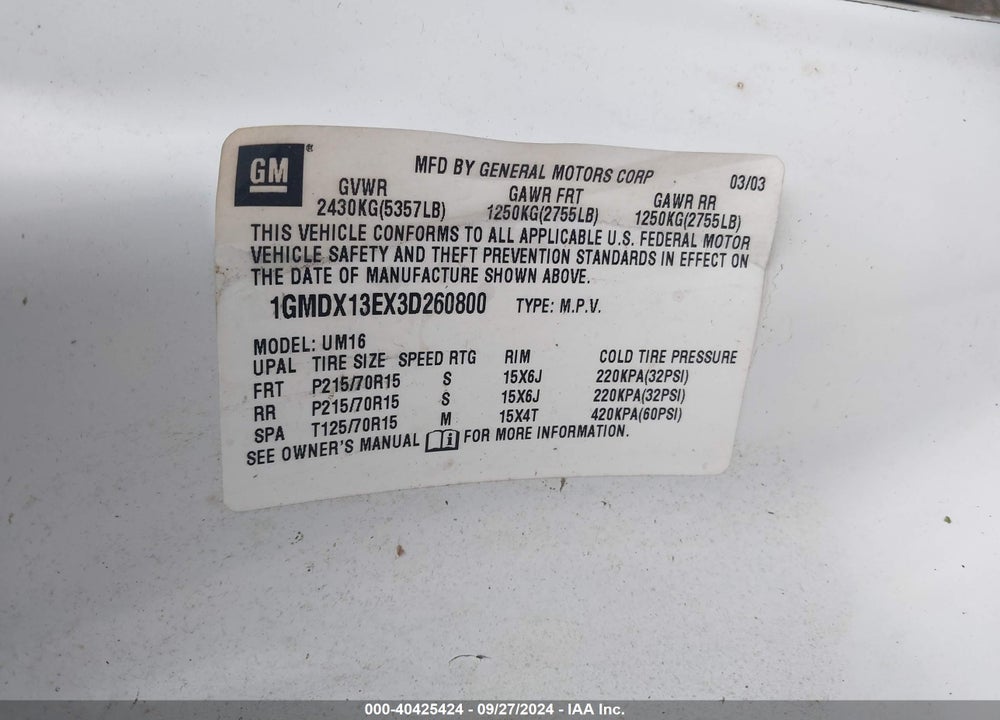 2003 PONTIAC MONTANA M16 W/1SE PKG. VIN: 1GMDX13EX3D260800
