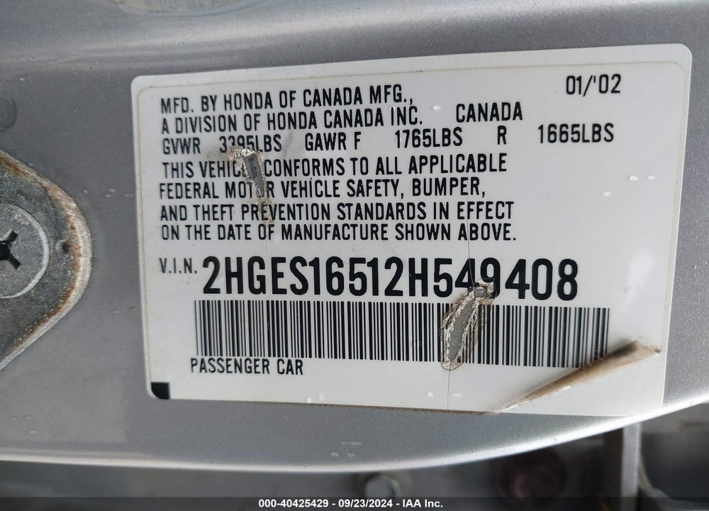 2002 HONDA CIVIC LX VIN: 2HGES16512H549408