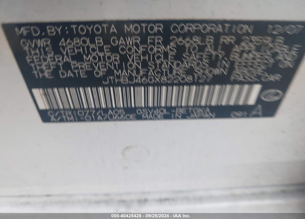 2008 LEXUS ES 350 VIN: JTHBJ46GX82208127