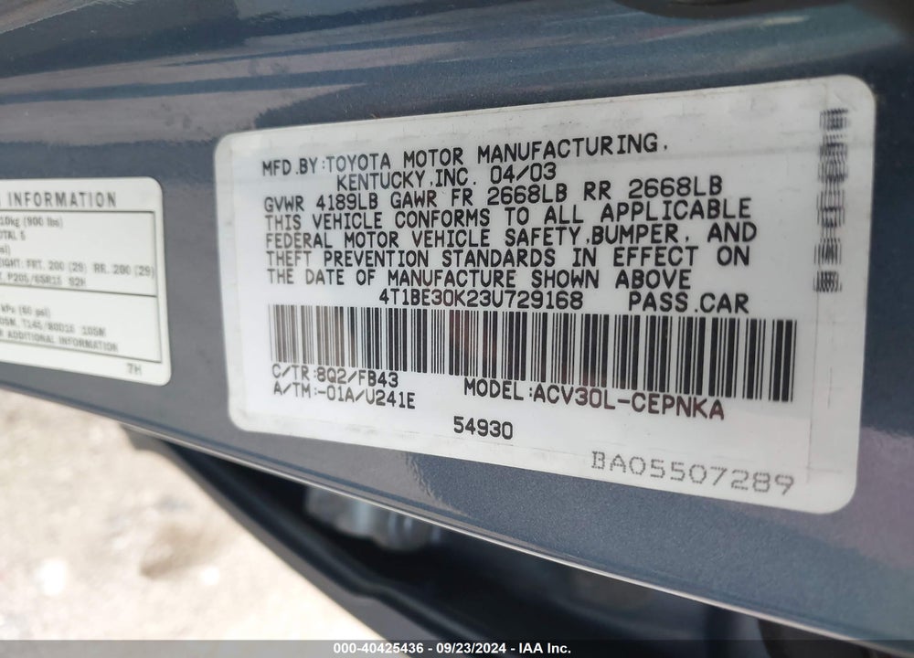 2003 TOYOTA CAMRY LE VIN: 4T1BE30K23U729168