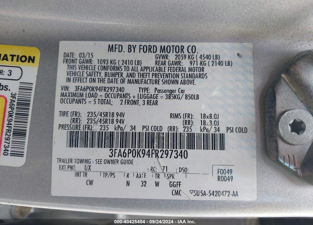 2015 FORD FUSION TITANIUM VIN: 3FA6P0K94FR297340