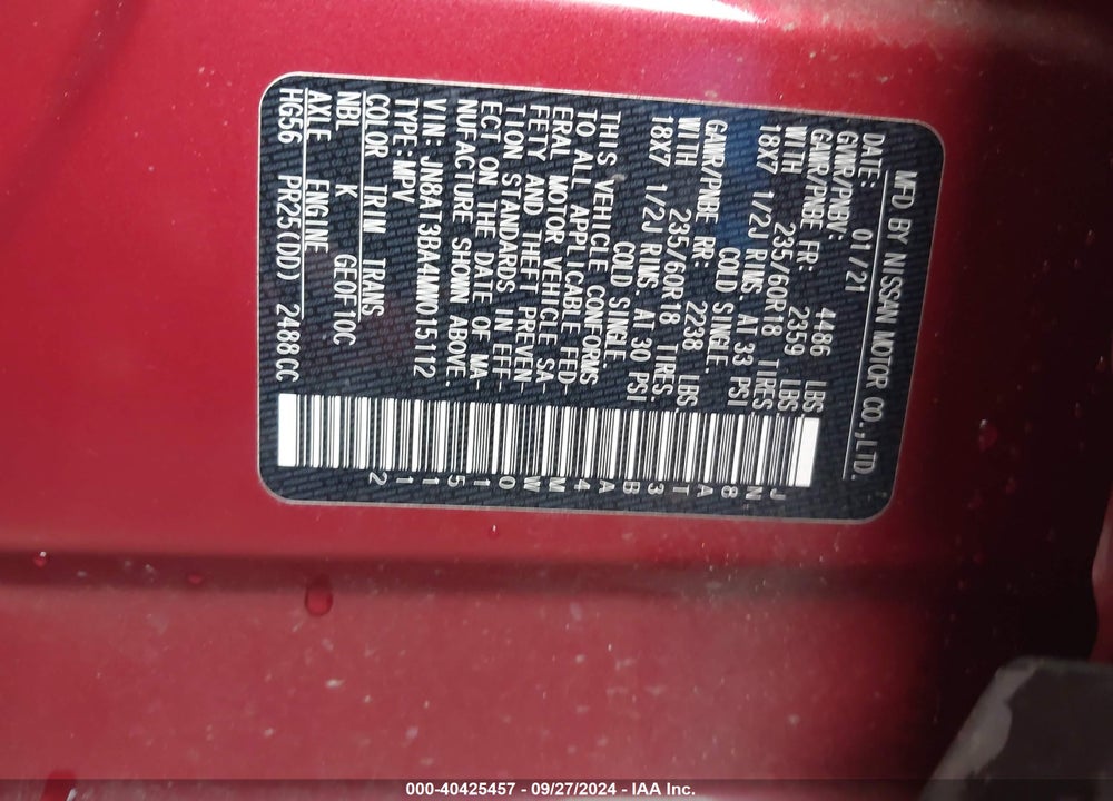 2021 NISSAN ROGUE SV FWD VIN: JN8AT3BA4MW015112