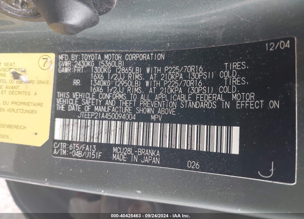 2005 TOYOTA HIGHLANDER V6 VIN: JTEEP21A450094004