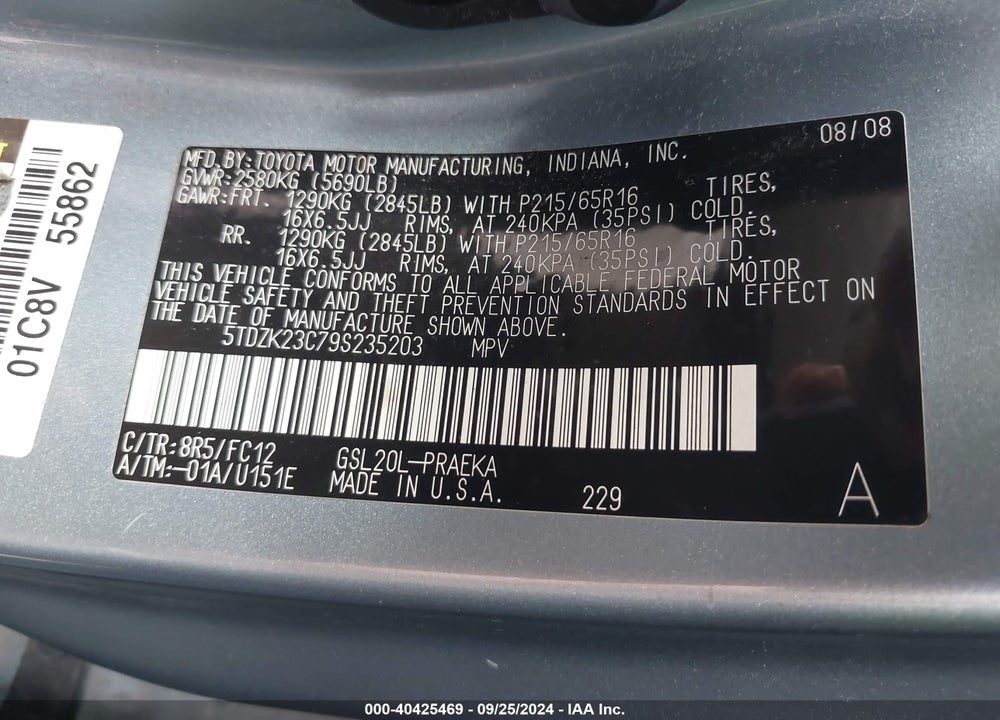 2009 TOYOTA SIENNA LE VIN: 5TDZK23C79S235203