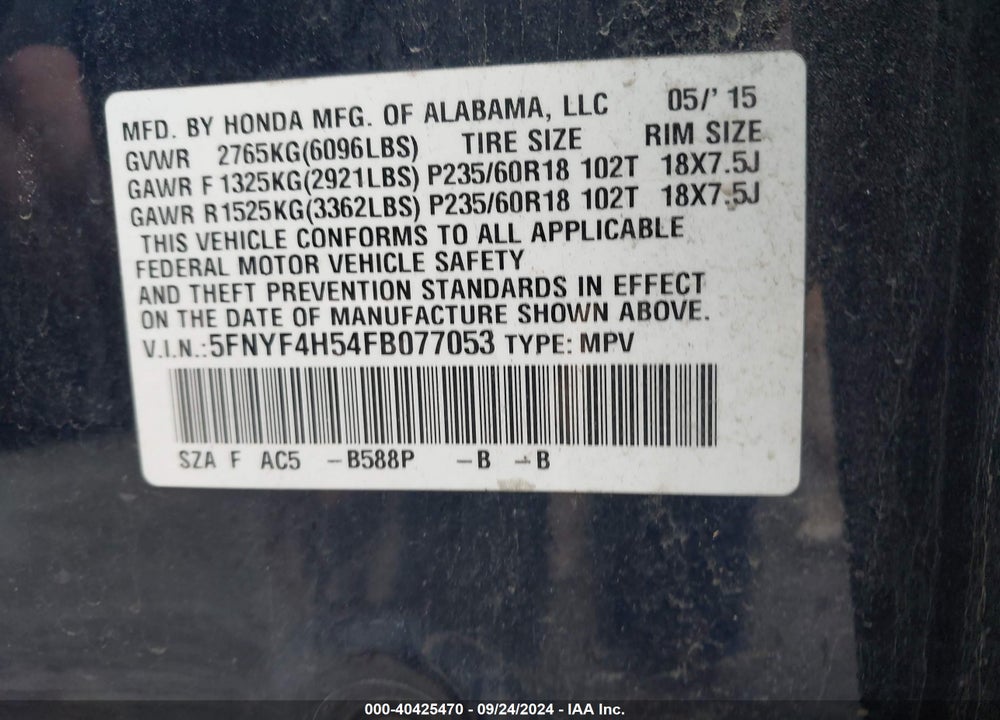 2015 HONDA PILOT EX-L VIN: 5FNYF4H54FB077053