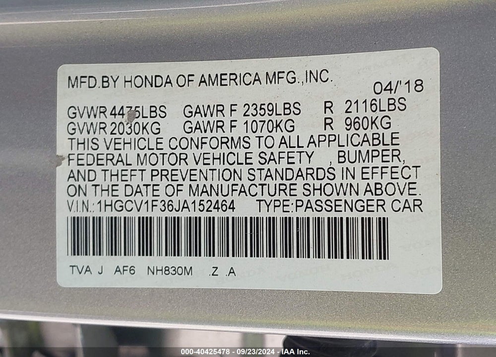 2018 HONDA ACCORD SPORT VIN: 1HGCV1F36JA152464