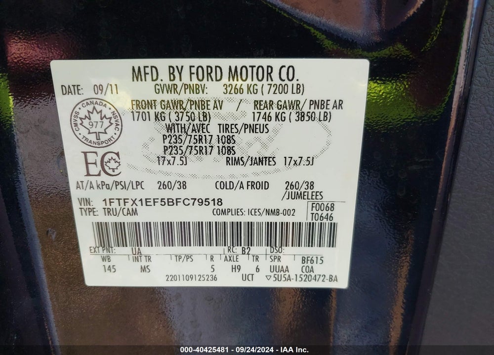 2011 FORD F-150 XLT VIN: 1FTFX1EF5BFC79518