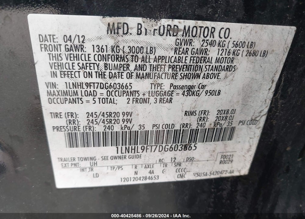 2013 LINCOLN MKS ECOBOOST VIN: 1LNHL9FT7DG603665
