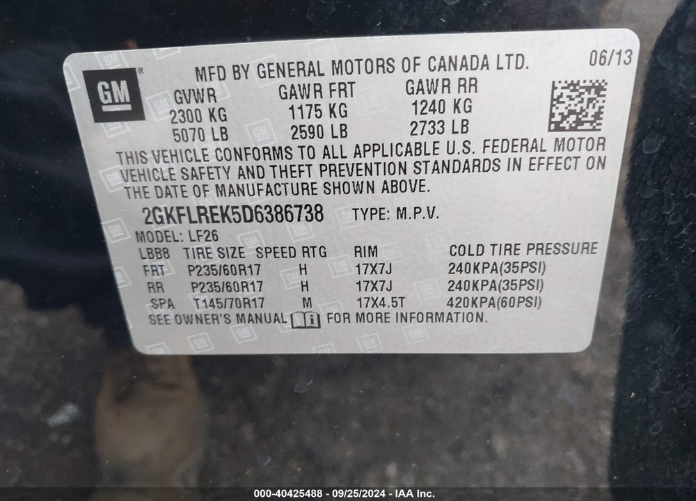 2013 GMC TERRAIN SLE-1 VIN: 2GKFLREK5D6386738