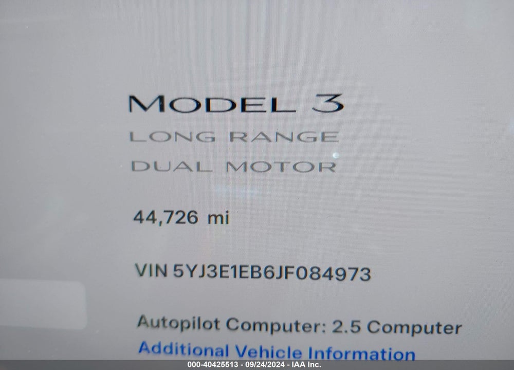 2018 TESLA MODEL 3 LONG RANGE/PERFORMANCE VIN: 5YJ3E1EB6JF084973