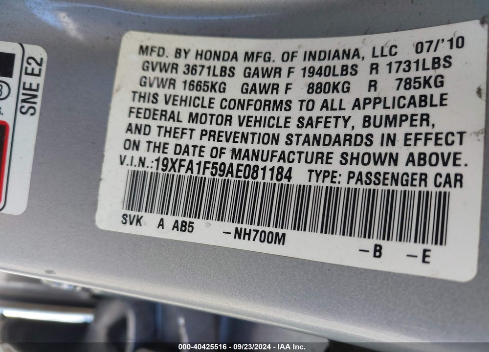 2010 HONDA CIVIC LX VIN: 19XFA1F59AE081184