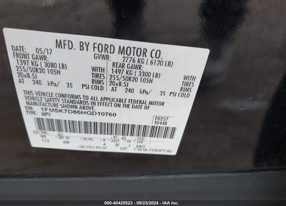 2017 FORD EXPLORER XLT VIN: 1FM5K7D86HGD10760